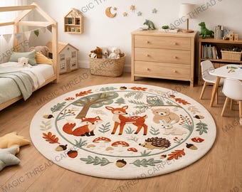 Alfombra redonda con mechones hechos a mano con diseño de animales del bosque, alfombra con diseño de bosque, alfombra para habitación infantil con diseño de ciervo, zorro y oso, decoración caprichosa para habitación de bebé.