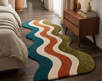 Alfombra de pasillo retro ondulada tejida a mano, alfombra abstracta de estilo moderno de mediados de siglo, alfombra bohemia, decoración colorida para el hogar. Tamaño personalizado disponible.