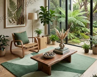 Alfombra abstracta verde tejida a mano, alfombra minimalista moderna, alfombra contemporánea verde salvia, alfombra personalizada para sala de estar o dormitorio.