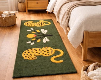 Leopard Floral Hand Tufted Runner Rug - Botanical Animal Print Hallway Carpet, Boho Rug, Green & Blue Entryway Decor, Custom Size Available.