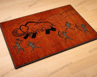 Alfombra con mechones hechos a mano con arte rupestre prehistórico: alfombra de lana Mammoth & Hunter, diseño tribal primitivo, decoración rústica bohemia para sala de estar.