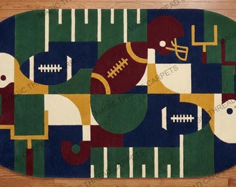 Alfombra con mechones hechos a mano en forma de campo de fútbol americano: alfombra deportiva moderna, alfombra ovalada geométrica, regalo de decoración para habitación deportiva de niños.