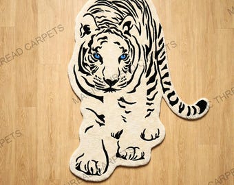 Alfombra tejida a mano con diseño de tigre blanco: alfombra con forma de animal, alfombra de vida silvestre de la jungla, decoración de habitación con tigre, alfombra safari para niños, alfombra artística llamativa.