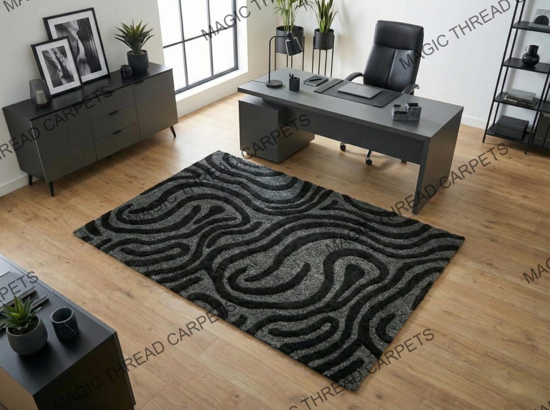 Hand Tufted Abstract Rug – Modern Black & Grey Area Rug, Sculpted ...