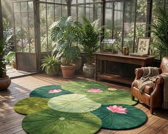 Alfombra tejida a mano con diseño de nenúfar de loto: alfombra inspirada en un estanque botánico, alfombra floral verde, decoración natural para el hogar, alfombra de jardín zen.
