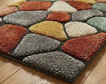Alfombra abstracta de guijarros con mechones hechos a mano: moderna alfombra de lana peluda, alfombra geométrica en tonos tierra, decoración de mediados de siglo, alfombra bohemia para sala de estar.