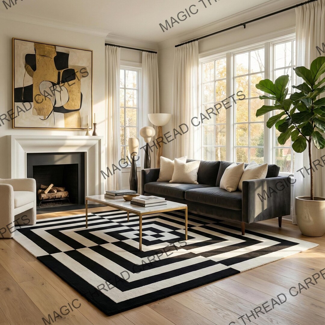 Black and White Geometric Hand-tufted Rug | Modern Square Pattern ...