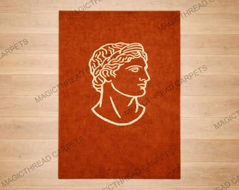 Alfombra artística con mechones hechos a mano en forma de estatua griega: alfombra de lana de terracota, alfombra con escultura clásica, alfombra artística inspirada en museos.