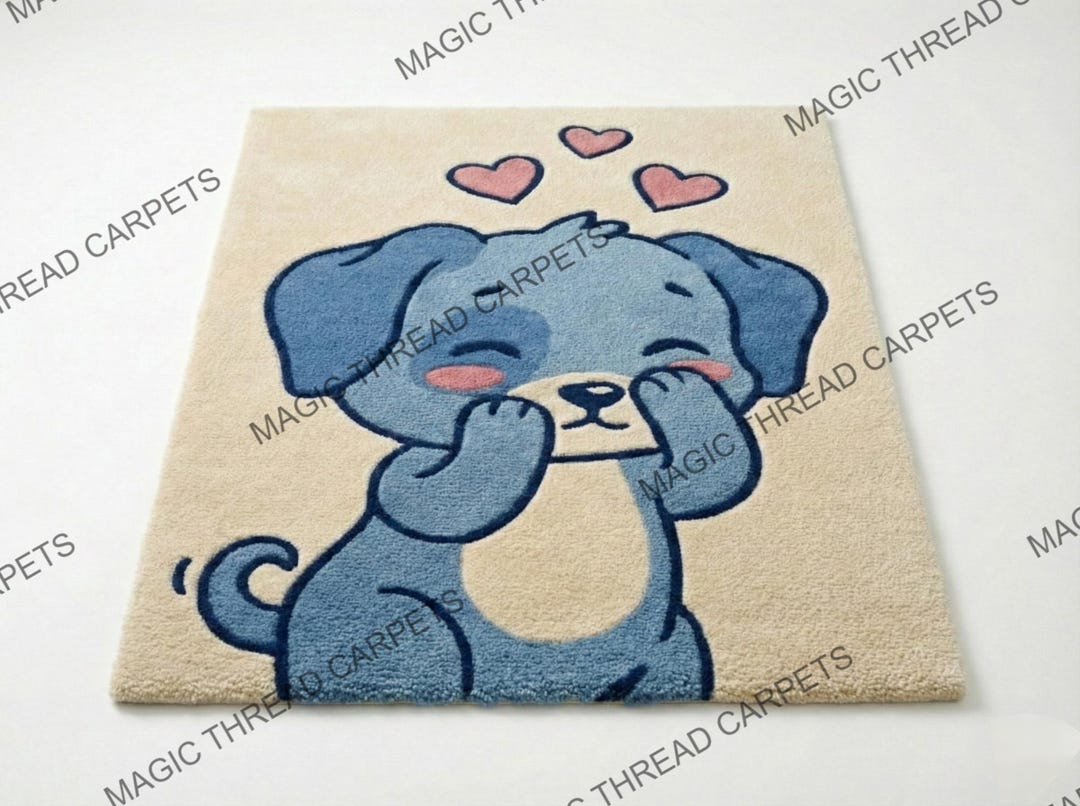 Animated Hand Tufted Wool Area Rug – Blue Puppy With Hearts Carpet ...