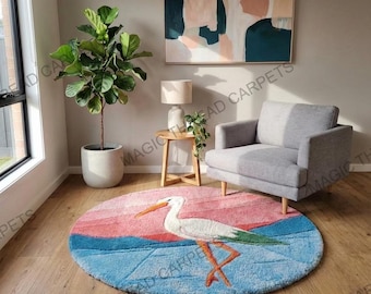 Alfombra de flamenco tropical con mechones hechos a mano: alfombra redonda de lana rosa, regalo de flamenco exótico, acento bohemio para habitación de bebé.