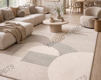 Alfombra abstracta neutra tejida a mano, alfombra minimalista moderna, alfombra geométrica beige, decoración escandinava para sala de estar, tamaño personalizado disponible