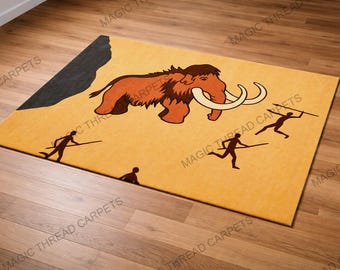 Alfombra prehistórica de mamut tejida a mano, alfombra inspirada en el arte rupestre, alfombra con diseño de cazador tribal, alfombra única con arte animal, pieza decorativa rústica que marca la diferencia.