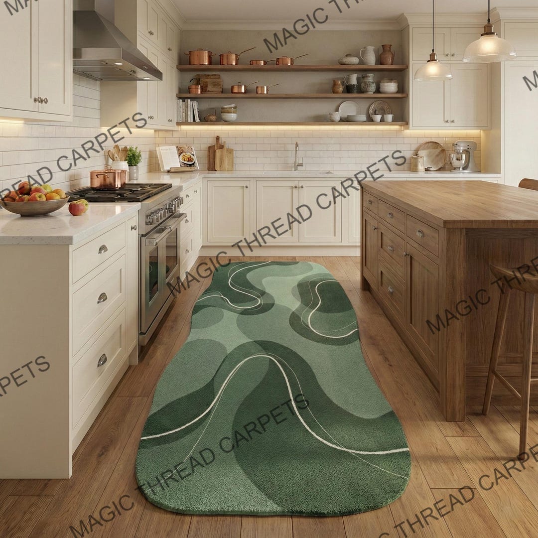 Hand Tufted Wool Rug – Sage Green Abstract Wavy Design - Etsy