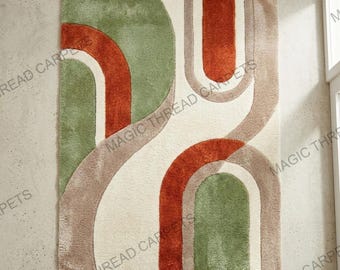 Alfombra moderna de mediados de siglo con mechones hechos a mano: alfombra de lana abstracta retro, alfombra bohemia geométrica.
