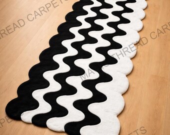 Black White Wavy Hand Tufted Runner Rug, Modern Abstract Hallway, Scandinavian Minimalist Carpet, Long Corridor Rug, Aesthetic Home Decor.