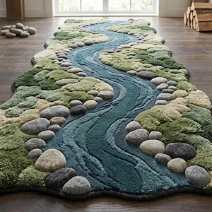 Può includere: Un tappeto lungo dalla forma irregolare caratterizzato da un design testurizzato con un fiume blu serpeggiante circondato da macchie verde muschio e varie forme grigie arrotondate simili a pietre, creando un aspetto tridimensionale a strati.
