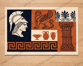 Alfombra tejida a mano con motivos de mitología griega: alfombra con la imagen de Atenea y columnas antiguas, alfombra con escultura romana, alfombra de estilo mediterráneo.