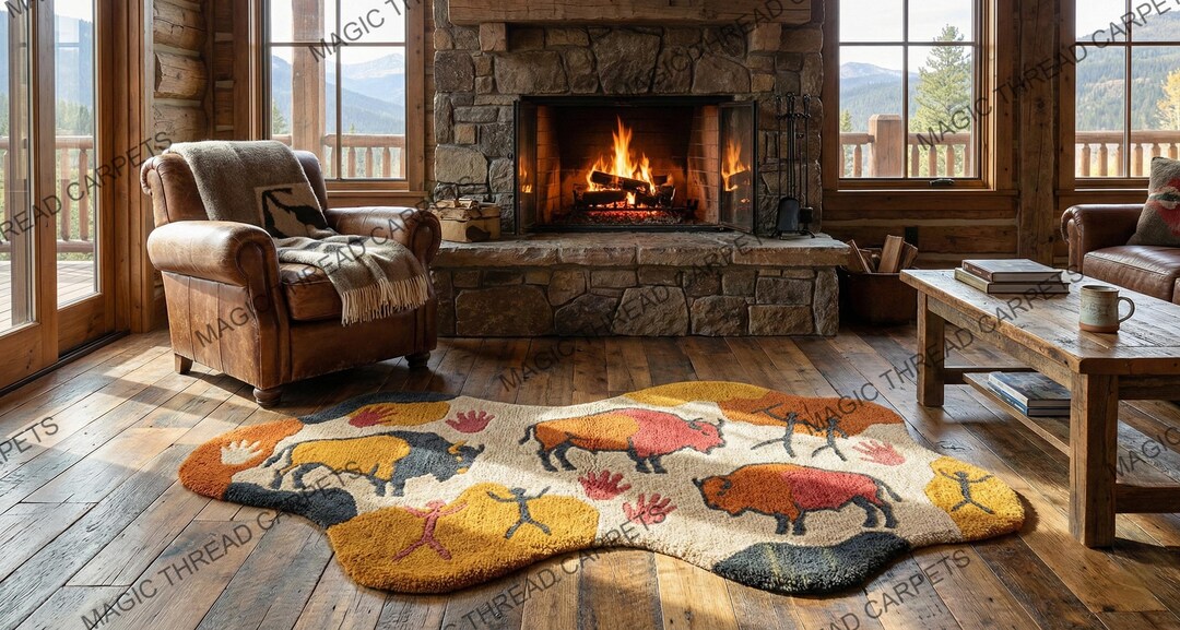 Hand Tufted Wool Rug – Irregular Buffalo & Human Motif, Cave Art - Etsy