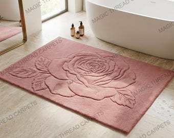 Alfombra rosa con mechones hechos a mano: alfombra de lana floral, decoración romántica en tonos ruborizados, alfombra botánica, detalle femenino para sala de estar.