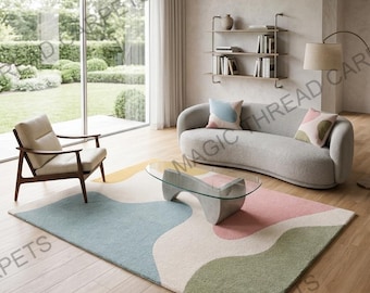 Alfombra abstracta en tonos pastel tejida a mano, alfombra moderna con bloques de color, alfombra minimalista suave, alfombra de decoración bohemia escandinava, para sala de estar o dormitorio.