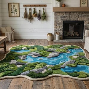 Alfombra Moss Lake tejida a mano, alfombra biofílica, alfombra con paisaje fluvial, alfombra moderna orgánica, decoración inspirada en la naturaleza, alfombra personalizada.