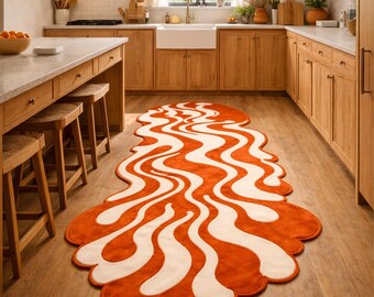 Retro Wavy Hand Tufted Rug – Orange & Cream Abstract Area Rug, Mid Century Modern Carpet, Boho Statement Floor Decor, Custom Size Available.