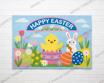 Alfombra tejida a mano con diseño de conejito y pollito de Pascua, alfombra colorida para las fiestas de primavera, alfombra para la sala de juegos de los niños, decoración de Pascua para el hogar.