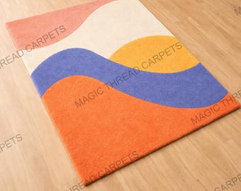 Alfombra abstracta ondulada tejida a mano – Alfombra moderna con bloques de color, alfombra minimalista estilo boho, alfombra con diseño retro de ondas, decoración para la sala de estar.