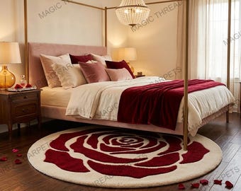 Alfombra redonda tejida a mano con rosas rojas – Alfombra floral de lana, alfombra botánica romántica, decoración para dormitorio de San Valentín, alfombra llamativa de estilo cottagecore.