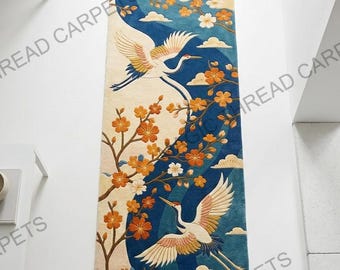 Alfombra de pasillo con mechones hechos a mano con diseño de grulla japonesa: alfombra de pasillo de lana con diseño de flor de cerezo, alfombra con arte de montaña oriental, alfombra de entrada con diseño floral azul.