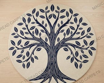 Alfombra redonda con mechones hechos a mano con diseño de árbol de la vida: alfombra de lana azul marino y crema, alfombra espiritual bohemia, decoración escandinava para sala de estar.