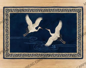 Alfombra Crane Bird, alfombra tejida a mano: alfombra de lana de estilo oriental azul marino y marfil con borde de clave griega, alfombra de lujo para sala de estar