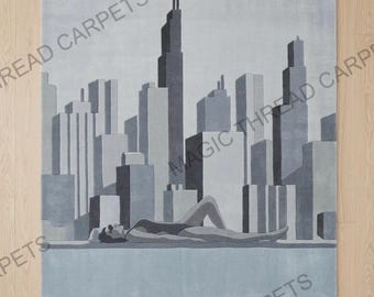 Alfombra moderna tejida a mano con diseño de horizonte urbano, alfombra de arte urbano abstracto, alfombra gris minimalista, decoración contemporánea para sala de estar, alfombra con declaración artística.