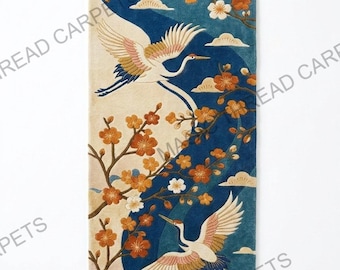 Japanese Crane Hand Tufted Runner Rug – Cherry Blossom Wool Hallway Carpet, Oriental Mountain Art Rug, Blue Floral Entryway Runner.