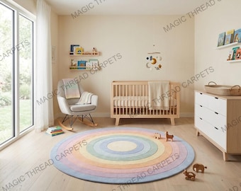 Alfombra redonda de arcoíris pastel, alfombra circular tejida a mano, alfombra decorativa para guardería infantil, alfombra moderna, suave y colorida, alfombra para sala de juegos de bebé.