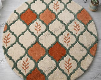 Alfombra redonda con mechones hechos a mano enrejados marroquíes: alfombra de lana estilo bohemio, alfombra geométrica verde y terracota.