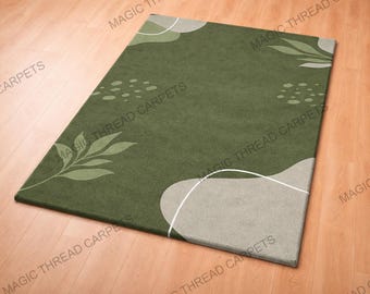 Alfombra verde tejida a mano, alfombra botánica minimalista, alfombra moderna abstracta de hojas, alfombra neutra verde salvia, decoración para sala de estar y dormitorio.