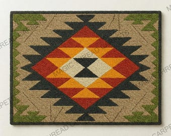 Alfombra de lana tejida a mano / Diseño geométrico azteca del suroeste