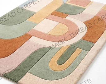Alfombra moderna de mediados de siglo con mechones hechos a mano: alfombra geométrica abstracta retro, alfombra bohemia pastel para sala de estar, decoración minimalista escandinava.