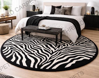Alfombra redonda tejida a mano con estampado de cebra: alfombra con estampado animal en blanco y negro, alfombra con estética safari, decoración moderna para la sala de estar.