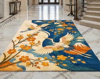 Alfombra de lana tejida a mano: Grulla y flor de cerezo, arte japonés