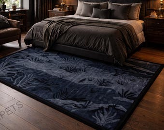 Alfombra Monocromática Selva Tejida a Mano – Alfombra Negra con Paisaje Botánico, Alfombra con Estética Natural Oscura, Decoración Moderna para Sala de Estar.