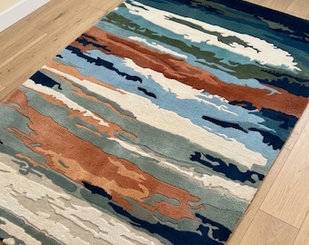 Abstract Landscape Hand Tufted Rug – Blue & Terracotta Modern Area Rug, Contemporary Statement Carpet, 8x10 Rug and 9x12 Rug.