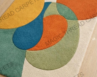 Alfombra geométrica abstracta con mechones hechos a mano: alfombra de lana moderna de mediados de siglo, alfombra bohemia retro colorida, decoración escandinava para sala de estar.