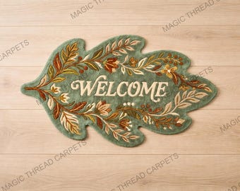 Felpudo de bienvenida con forma de hoja, hecho a mano, con mechones de flores botánicas, felpudo de bienvenida con núcleo de cabaña, decoración rústica para puerta de entrada de estilo granja.