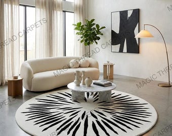 Alfombra redonda de lana tejida a mano: diseño de rayos de sol en blanco y negro, alfombra abstracta minimalista, decoración escandinava.