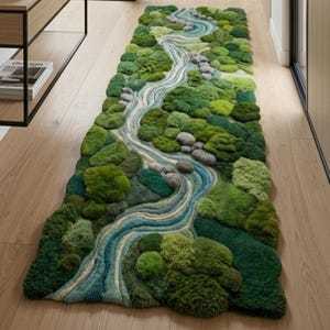 Handtuftad 3D Moss River-matta, biofilisk halllöpare, skogsgolvsmatta, naturinspirerad heminredning, anpassad storlek tillgänglig