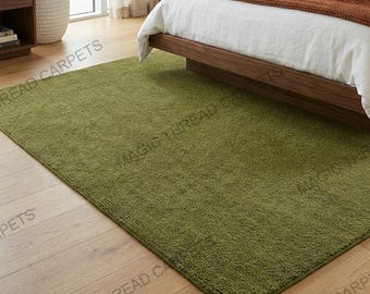 Alfombra tejida a mano en color verde salvia sólido: alfombra minimalista de lana, alfombra lisa moderna, decoración escandinava para sala de estar.