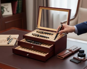 3-Tier Rosewood Pen Display Box | Retro Pen Collection Case with Clear Lid