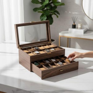 24-Slot Wooden Watch Box | 2-Tier Rustic Watch Organizer for Men & Women